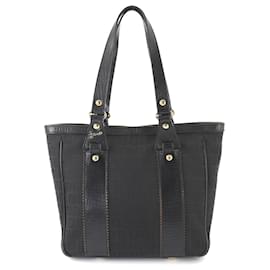 Fendi-Fendi Zucchino Canvas Leather Tote Bag-Black