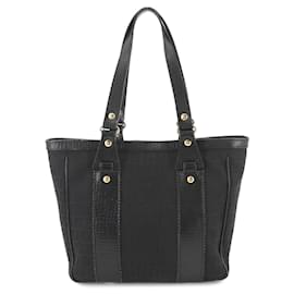 Fendi-Fendi Zucchino Canvas Leather Tote Bag-Black