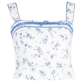 Top cropped floral Eloise da Reformation em linho branco Outro