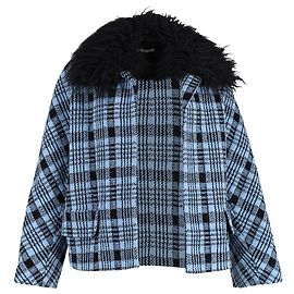 Giacca a quadri aperta con pelliccia Dries Van Noten in lana blu Altro