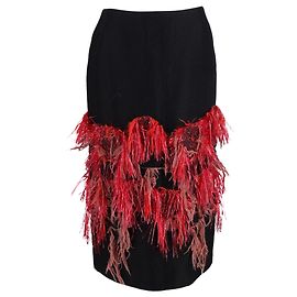 Dries Van Noten Midi-Bleistiftrock mit Fransen aus schwarzer Wolle Schwarz