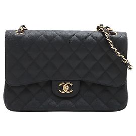 Chanel Bolsa de flap dupla clássica Jumbo em couro matelassê caviar preto com duas maneiras Preto