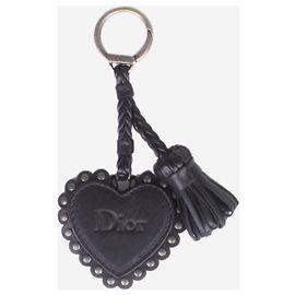 Christian Dior Black leather heart keyring Black