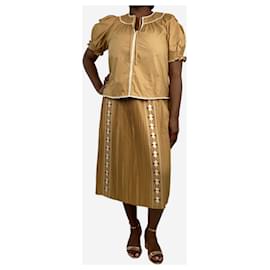 Ulla Johnson-Brown puff-sleeved blouse and pleated midi skirt - size UK 14-Brown