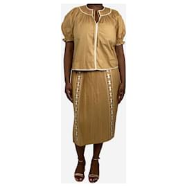 Ulla Johnson-Brown puff-sleeved blouse and pleated midi skirt - size UK 14-Brown