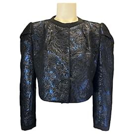 Dolce & Gabbana-Dolce & Gabbana Black / Blue Metallic Cropped Jacquard Jacket-Blue