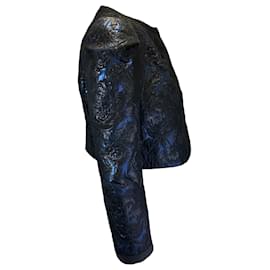 Dolce & Gabbana-Dolce & Gabbana Black / Blue Metallic Cropped Jacquard Jacket-Blue