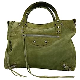 Balenciaga-Balenciaga Olive Green Studded Suede Leather City Velo Handbag-Green