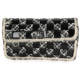 Chanel-Chanel Black White Tweed Woven Patent Medium Flap Bag-Black