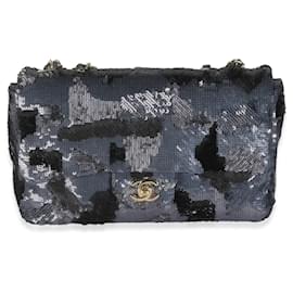 Chanel-Chanel Black Navy Camo Sequin Medium Single Flap Bag-Black,Blue