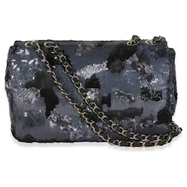 Chanel-Chanel Black Navy Camo Sequin Medium Single Flap Bag-Black,Blue