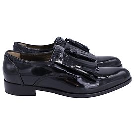 Lanvin Mila Tassel Fransen Slipper aus schwarzem Lackleder Schwarz
