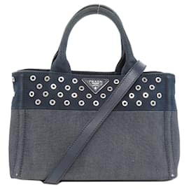 Prada-Prada Canapa Tote Denim Handbag-Navy blue