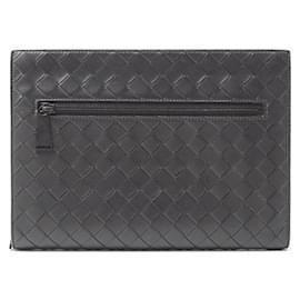 Bottega Veneta-Bottega Veneta Leather Intrecciato Clutch Bag-Black