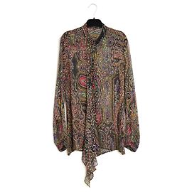 Etro Top FR40 Blusa in Chiffon di Seta Boteh e Punti di Velluto UK12 US10 Multicolore