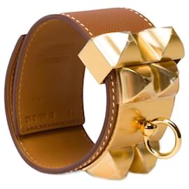 Hermès-HERMES Jewelry Dog Collar in Golden Leather - 102073-Golden