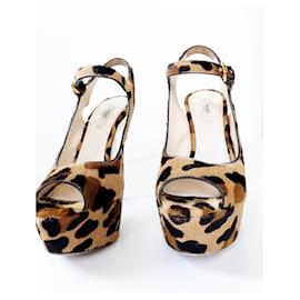 Prada-Prada Beige Brown &  Black Leopard Print Pony Hair Open Toe Pumps.-Beige