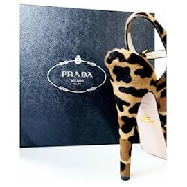 Prada-Prada Beige Brown &  Black Leopard Print Pony Hair Open Toe Pumps.-Beige