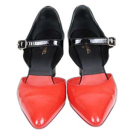 Chanel Red/Black Mary Jane Wedge Pumps Black