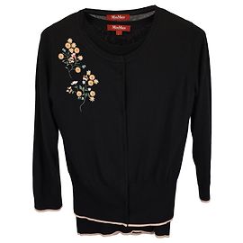 Max Mara Blumen bestickter Cardigan mit Strickoberteil-Set aus schwarzer Wolle Schwarz