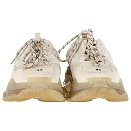 Balenciaga-Balenciaga Triple S Clear Sole Logo-Embroidered Sneakers in Cream Polyester-White,Cream