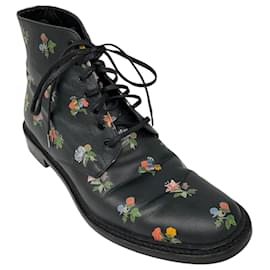 Saint Laurent-Saint Laurent Black Multi Floral Lace-Up Leather Boots-Black