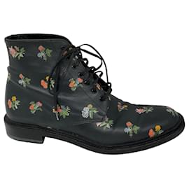 Saint Laurent-Saint Laurent Black Multi Floral Lace-Up Leather Boots-Black