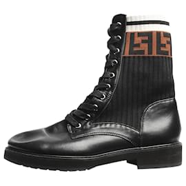 Fendi-Black leather biker boots with stretch fabric - size EU 38-Black