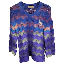 Gucci-Gucci Knitted Duck-Embroidered V-neck Sweater in Multicolor Cotton-Multiple colors