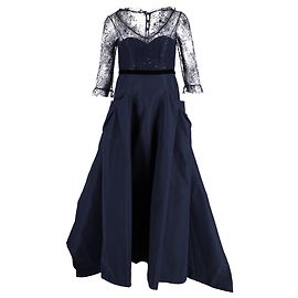 Vestido de baile em seda azul marinho com mangas de renda Carolina Herrera Azul Azul marinho