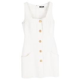 Balmain Mini Sleeveless Button-Embellished Dress in White Cotton Tweed White