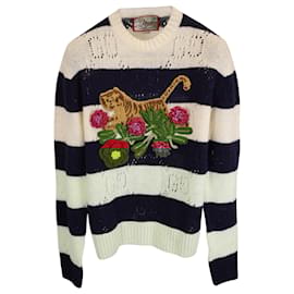 Gucci- Gucci Knitted Stripe Tiger and Flower-Embroidered Sweater in Multicolor Wool-Multiple colors,Other