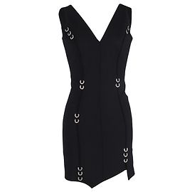 Thierry Mugler Mugler Mini V-Ausschnitt Kleid mit Piercing-Details aus schwarzer Wolle Schwarz