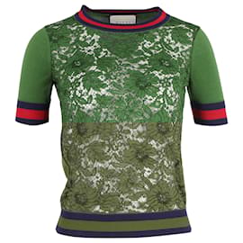 Gucci- Gucci Knitted Floral Lace With Webbing Collar and Hems Top in Green Cotton-Green