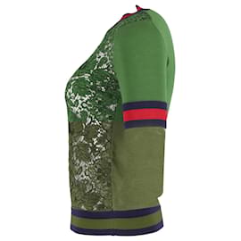 Gucci- Gucci Knitted Floral Lace With Webbing Collar and Hems Top in Green Cotton-Green