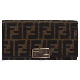 FENDI Zucca Canvas Long Wallet Black Brown Silver Auth am6788 Brown Black Silvery
