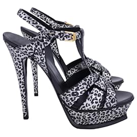 Saint Laurent-Saint Laurent Tribute Leopard Print T-Strap Platform Heels in Silver Leather-Other,Python print