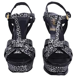 Saint Laurent-Saint Laurent Tribute Leopard Print T-Strap Platform Heels in Silver Leather-Other,Python print
