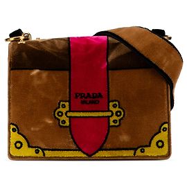 Prada Marrón Terciopelo Bordado Trompe L'oeil Cahier Bandolera Castaño