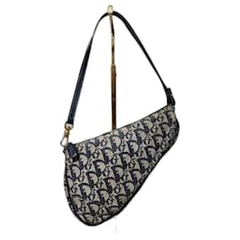 Christian Dior-Christian Dior Vintage Oblique Canvas and Leather Saddle Pochette Bag Navy Blue/Grey-Blue,Grey