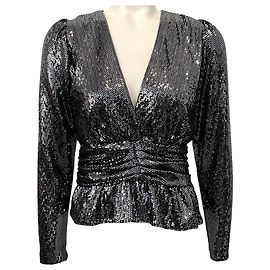 BA&SH Mae Noir Top Peplum Pailleté Noir