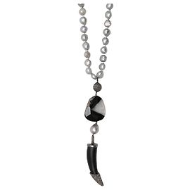 Autre Marque Collana lariat a corno con perle Bavna bianche e nere, onice e pavé di diamanti Nero