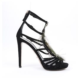 Sergio Rossi Black Suede Crystal And Peacock Embellished Platform Sandal Heels in Size 38 EU Black