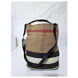 Burberry-BURBERRY Canvas Mega Check Medium Ashby Hobo Saddle Bag Brown/Beige-Brown,Beige