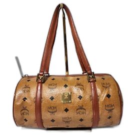 Bolsa de barril em lona revestida e couro Visetos vintage MCM Cognac Marrom
