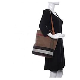 Burberry-BURBERRY Canvas Mega Check Medium Ashby Hobo Saddle Bag Brown/Beige-Beige,Camel
