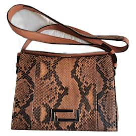 Bolsa Lancel Pia MM em couro de python e couro grained marrom camel Impressão em python Castanho claro Castanho escuro Gold hardware