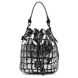Silver Tom Ford Metallic Croc Embossed Leather Drawstring Bucket Bag Silvery