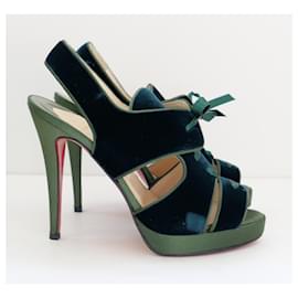 Christian Louboutin-Christian Louboutin Green Velvet Lace up Platform Sandals-Dark green