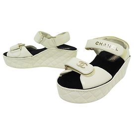 CHAUSSURES CHANEL DAD G37455 SANDALES COMPENSEES 38 CUIR BLANC CASSE SHOES Écru